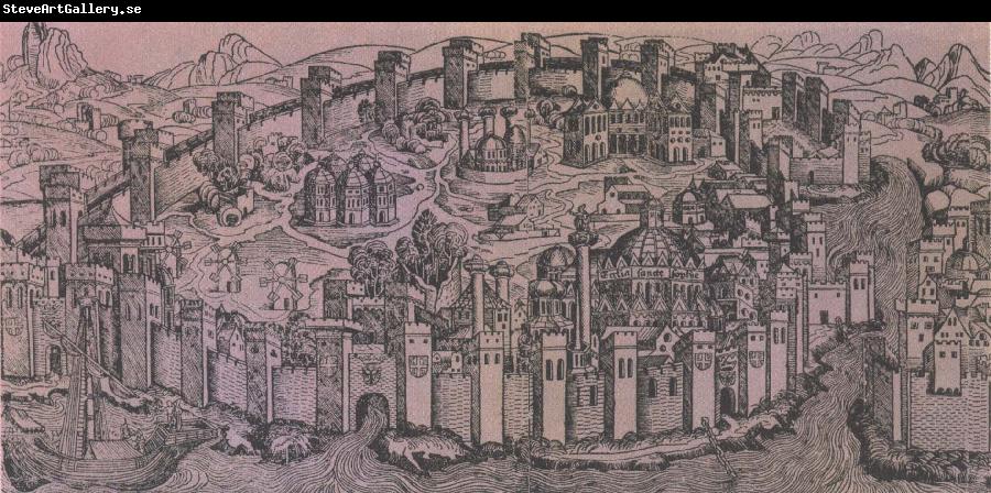 unknow artist den har kartan fran 1493 forestaller konstantinopel med hagia sofia kristenhetens mest beromda kyka till hoger.